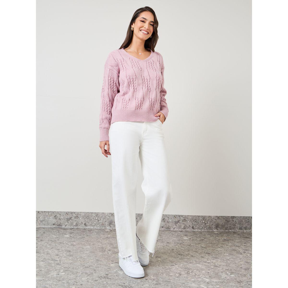 Styli Solid V Neck Cable Knit Sweater-women-clothing-cardigansandjumpers-jumpers-image-2