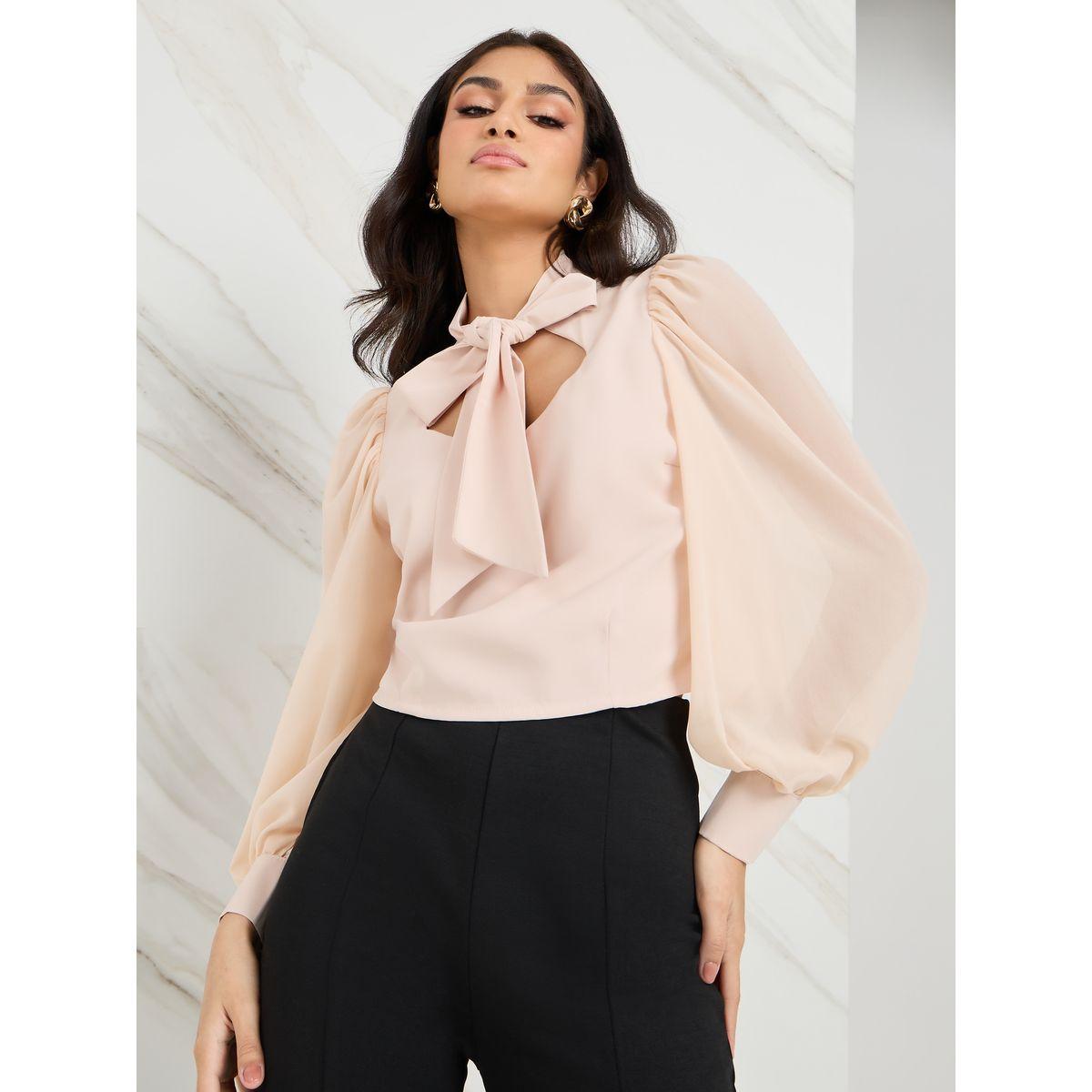 Styli Solid Tie Up Neck Volume Sleeve Blouse-women-clothing-shirtsandblouses-blouses-image-1