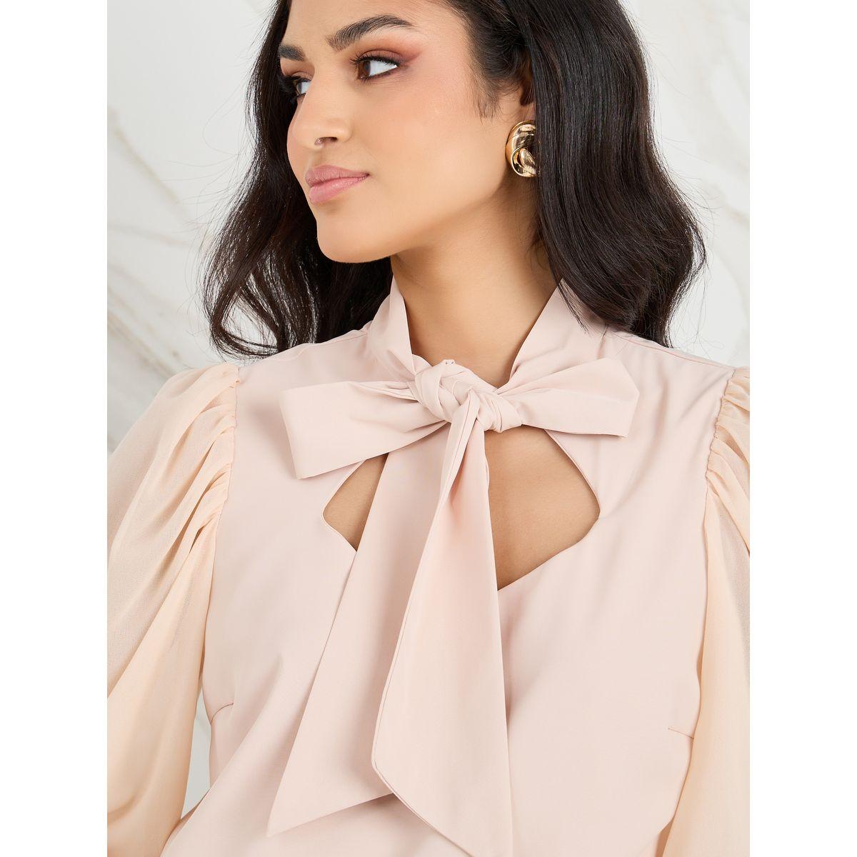 Styli Solid Tie Up Neck Volume Sleeve Blouse-women-clothing-shirtsandblouses-blouses-image-3