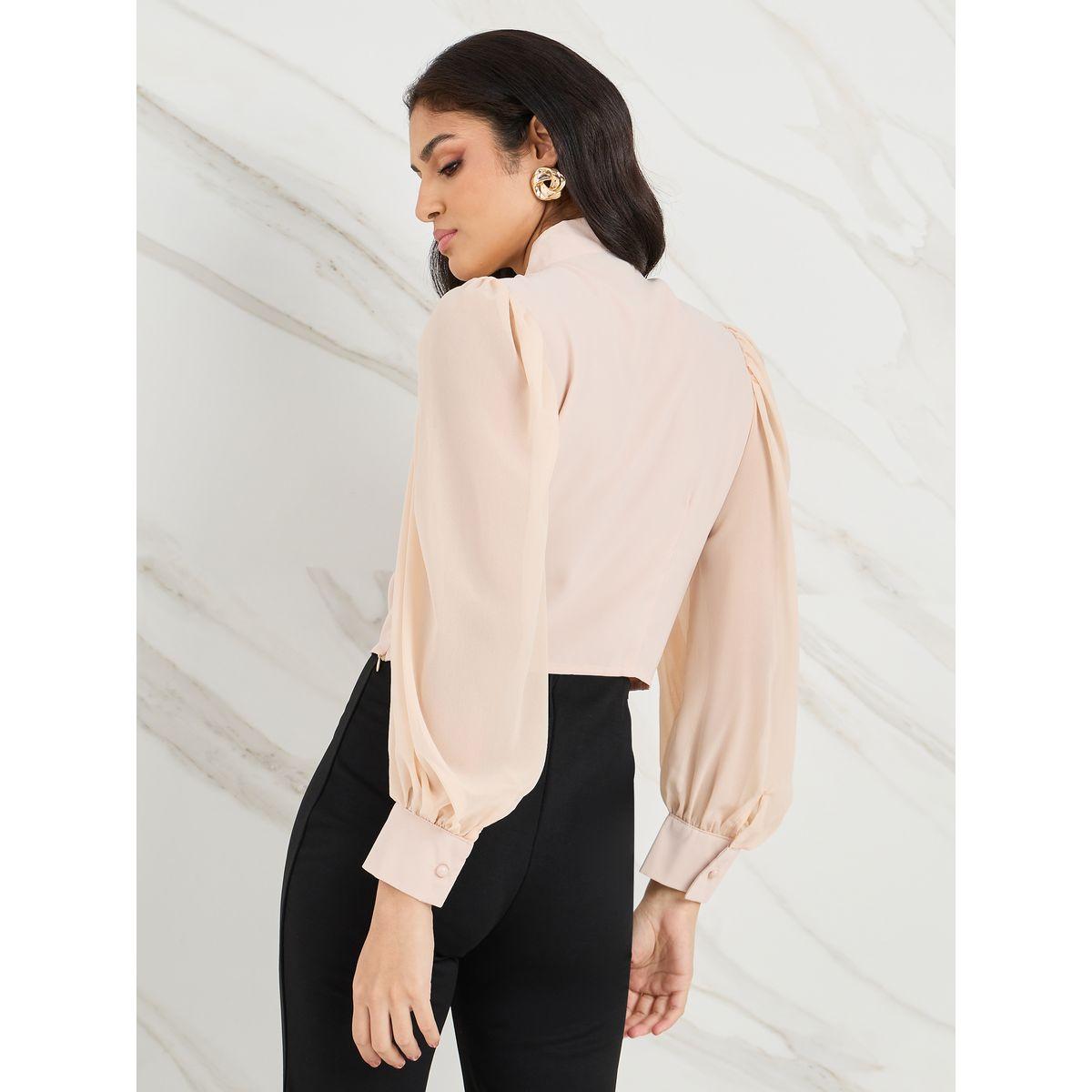 Styli Solid Tie Up Neck Volume Sleeve Blouse-women-clothing-shirtsandblouses-blouses-image-4