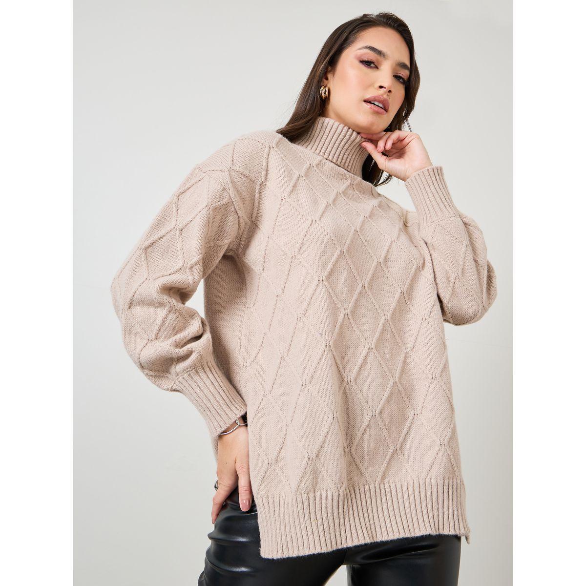 Styli Oversized Cable Knit Turtle Neck Sweater With Side Slits-women-clothing-cardigansandjumpers-jumpers-image-1