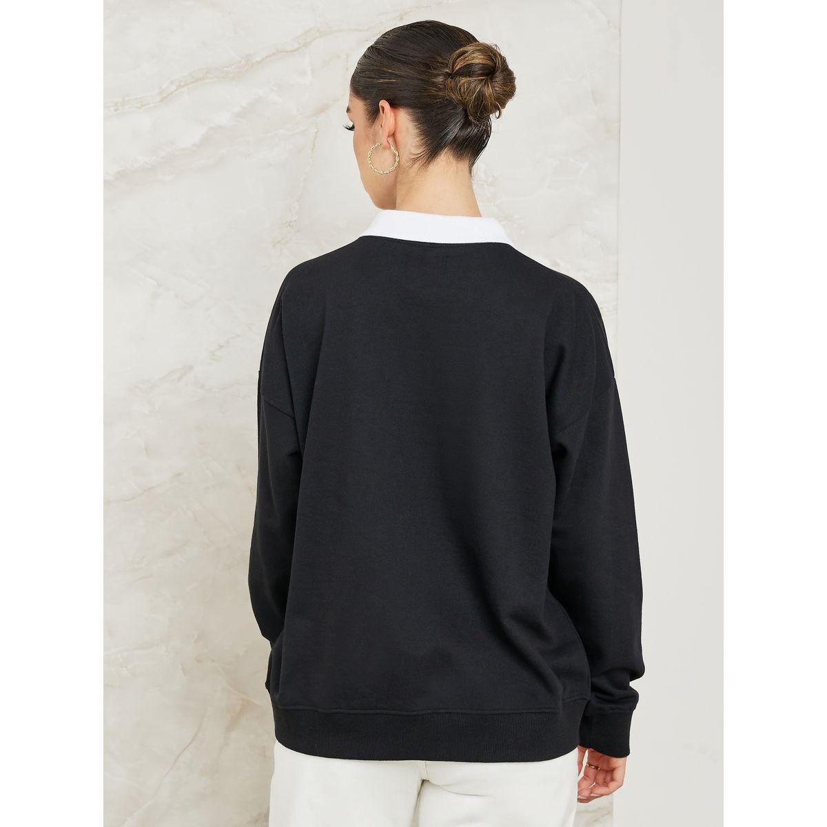 Styli Elevate Regular Fit Contrast Rib Collar Sweatshirt with Embroidery-women-winterwear-hoodiesandsweatshirts-sweatshirts-image-4