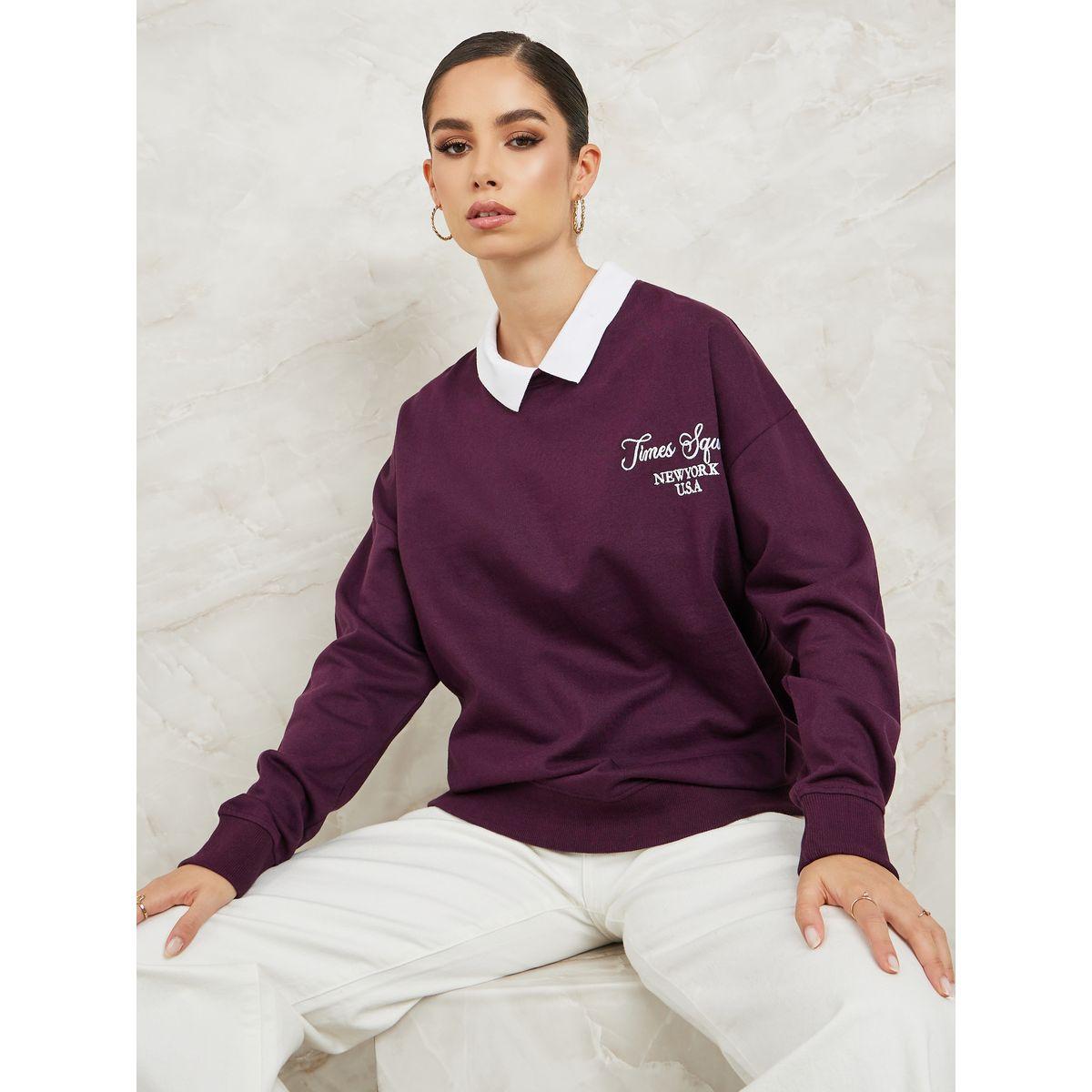 Styli Elevate Regular Fit Contrast Rib Collar Sweatshirt with Embroidery-women-winterwear-hoodiesandsweatshirts-sweatshirts-image-1