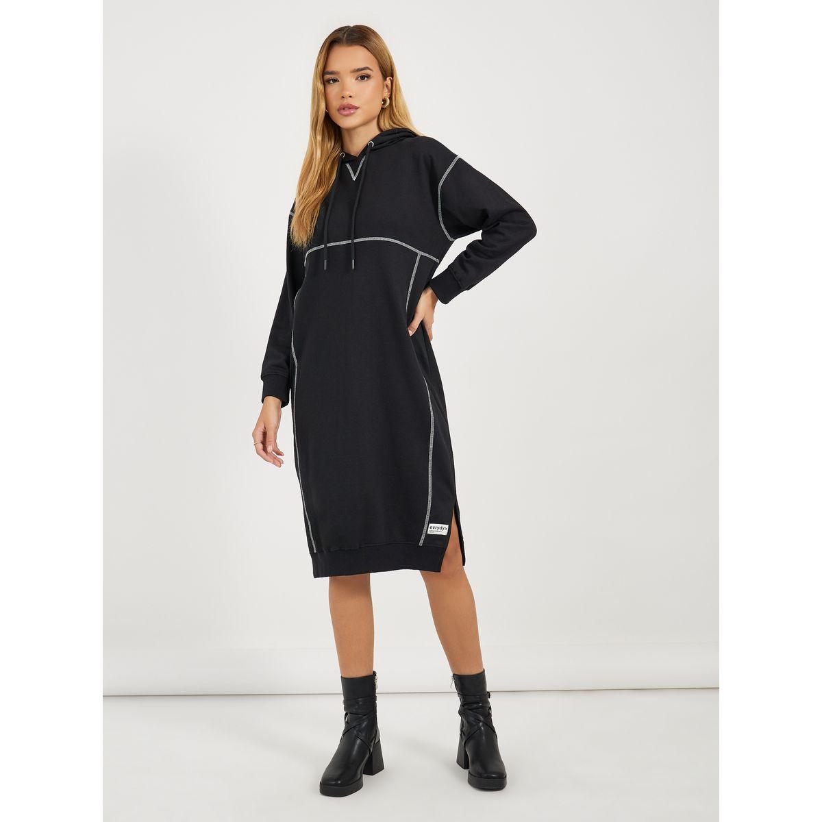 Styli Elevate Contrast Overlock Stich Hooded Sweatshirt Midi Dress-women-clothing-dresses-image-1