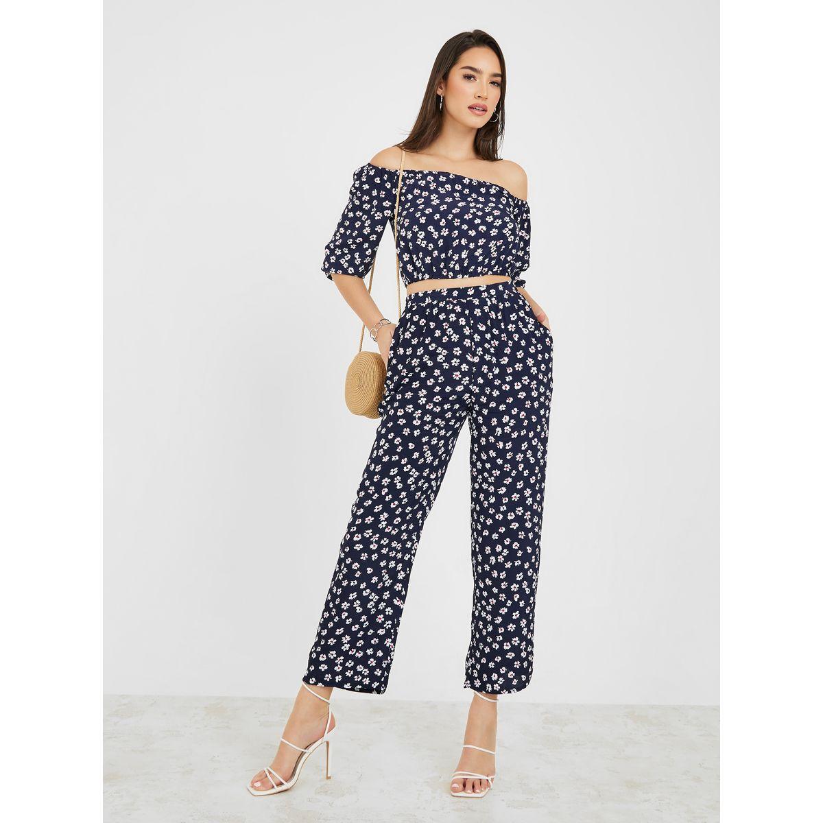 Styli Ditsy Print Off Shoulder Crop Top & Pants Co-Ords-women-clothing-coordsets-image-1