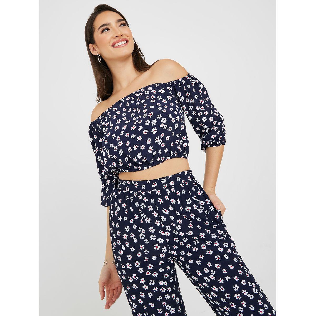 Styli Ditsy Print Off Shoulder Crop Top & Pants Co-Ords-women-clothing-coordsets-image-2