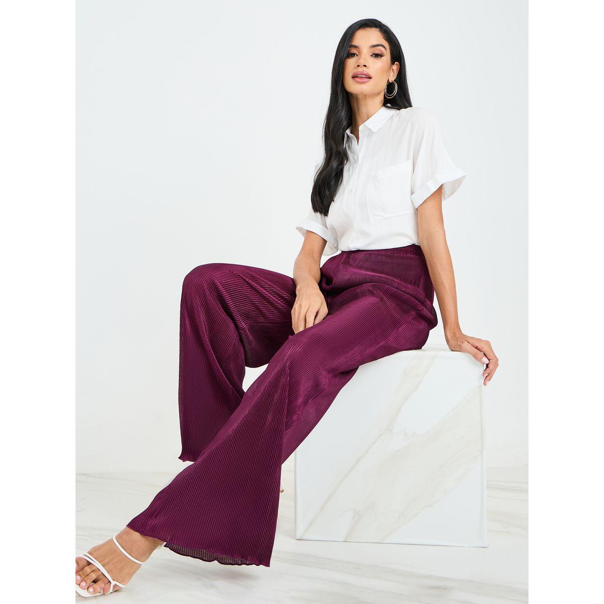 Styli Plisse Wide Leg Pants with Elastic Waistband-women-clothing-bottoms-trousers-image-1
