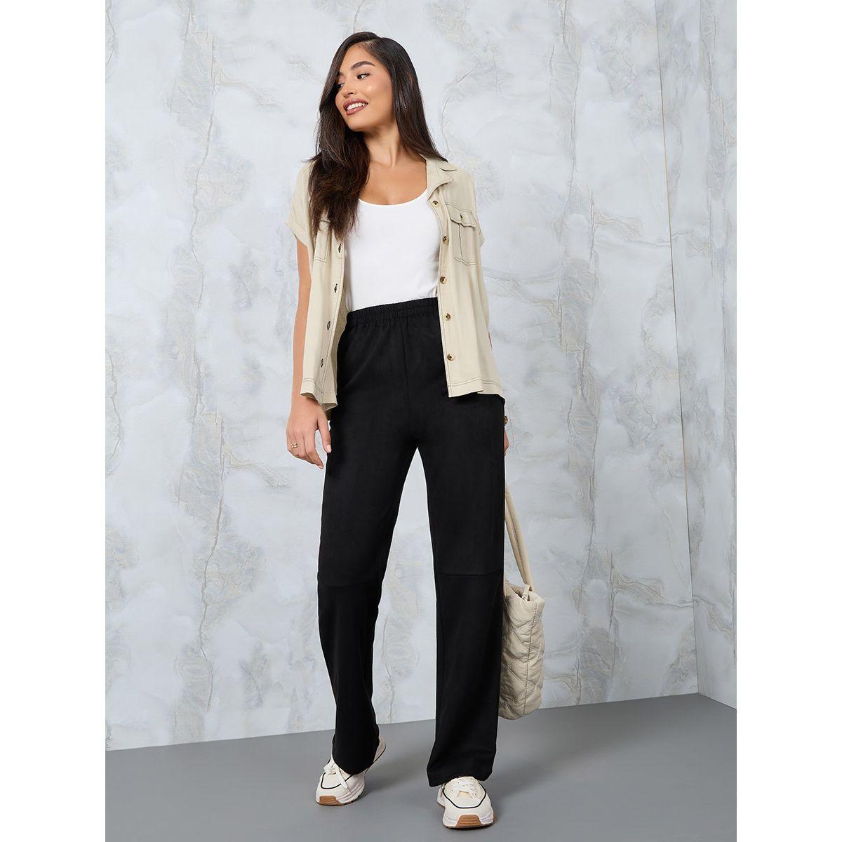 Styli Suede Look Straight Leg Pants with Side Pocket-women-clothing-bottoms-trousers-image-1