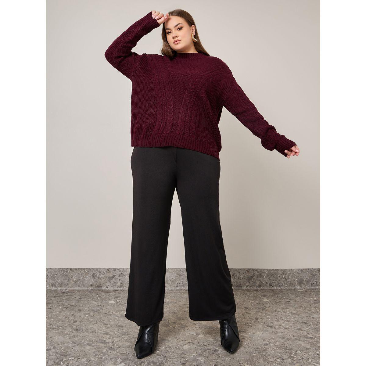 Styli Plus Solid Round Neck Cable Knit Sweater-women-winterwear-hoodiesandsweatshirts-hoodies-image-2