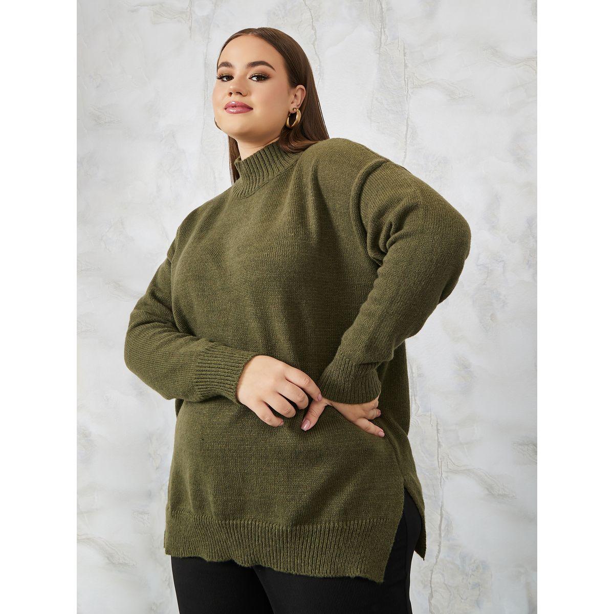 Styli Plus High Neck Knit Sweater with Side Slits-women-winterwear-hoodiesandsweatshirts-hoodies-image-1