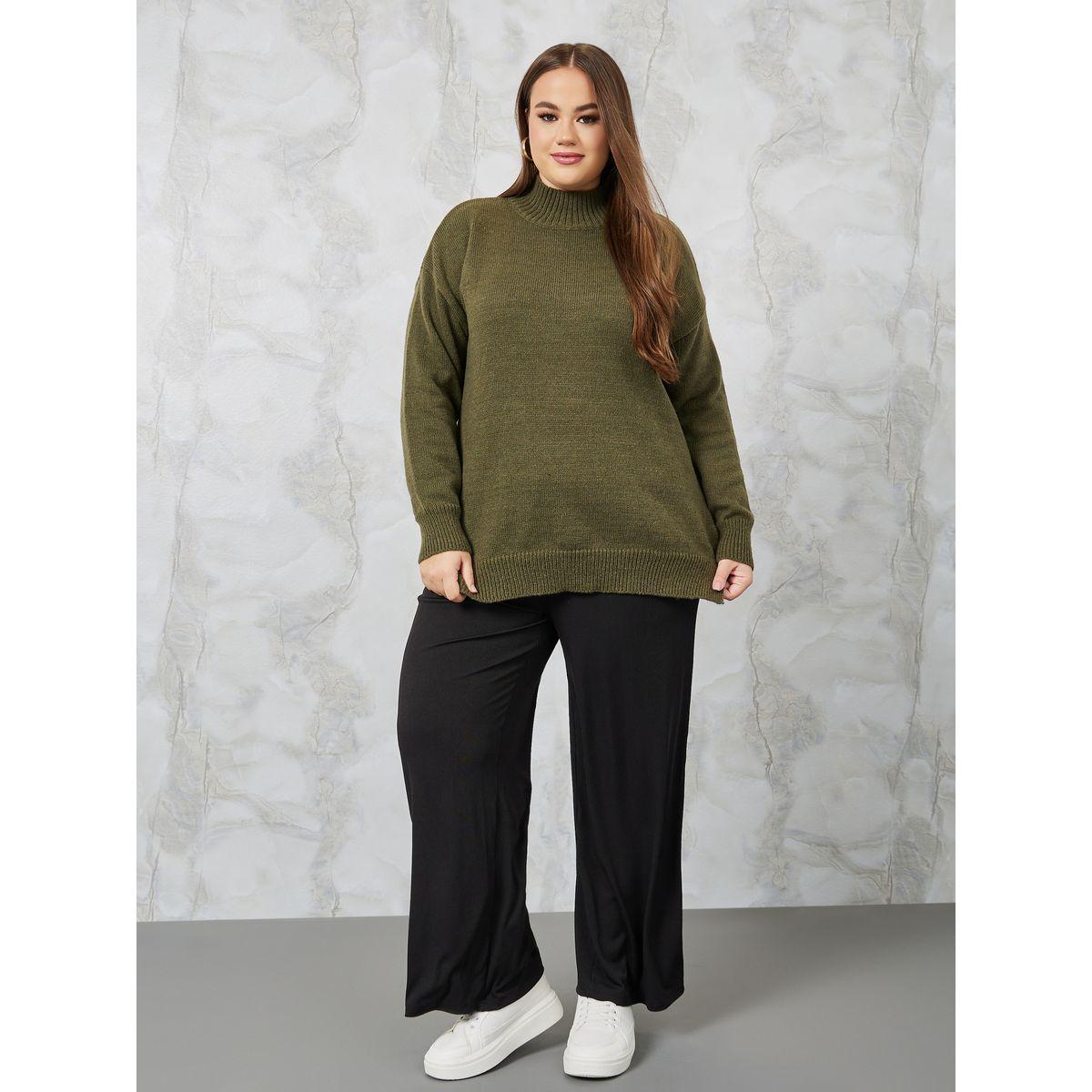 Styli Plus High Neck Knit Sweater with Side Slits-women-winterwear-hoodiesandsweatshirts-hoodies-image-2