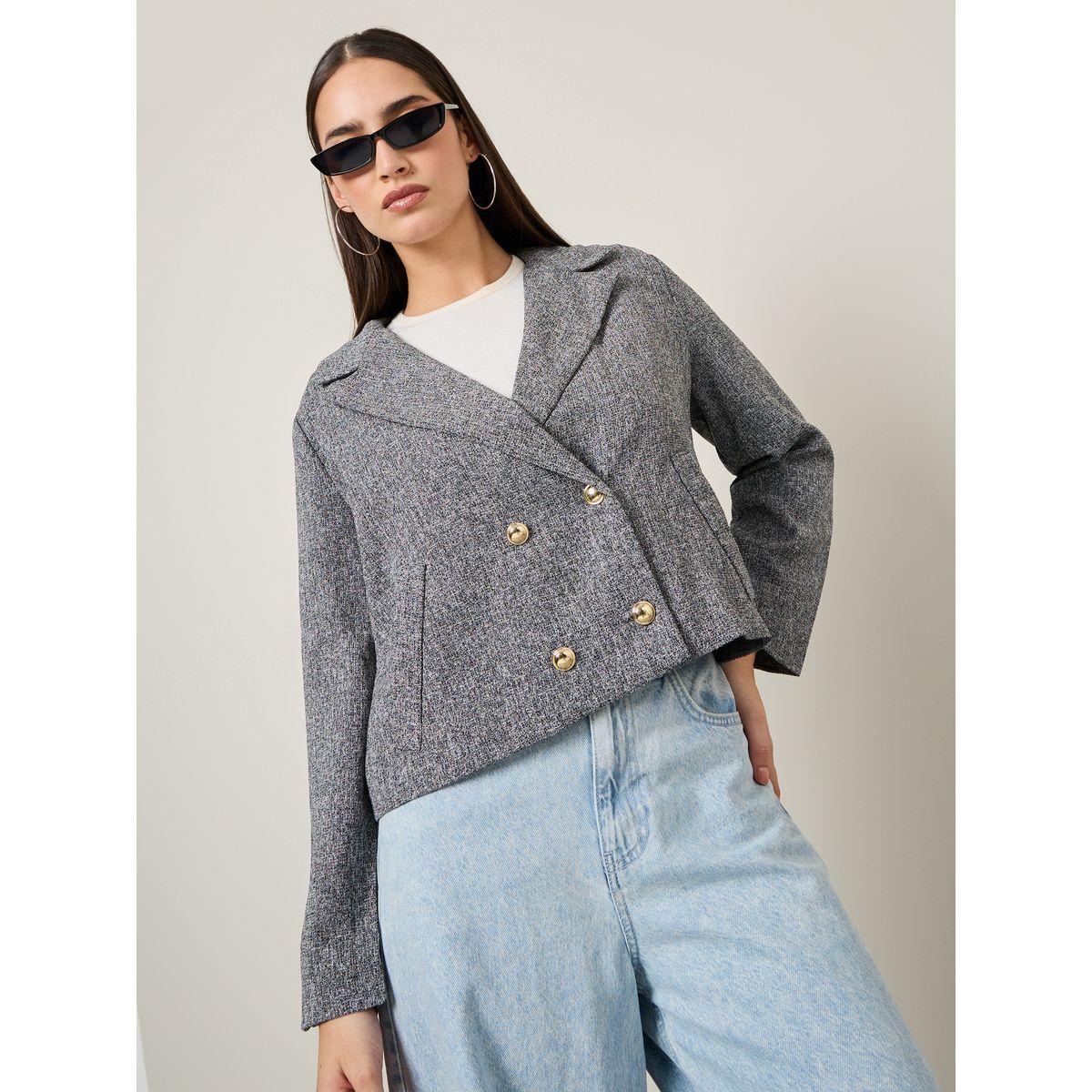 Styli Regular Fit Double Breasted Short Tweed Blazer-women-clothing-coatsandjackets-blazers-image-1