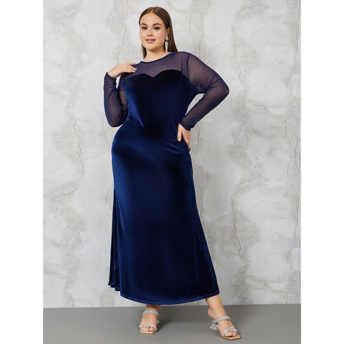Styli Plus Mesh Insert Velvet A-Line Maxi Dress-women-clothing-dresses-image-1