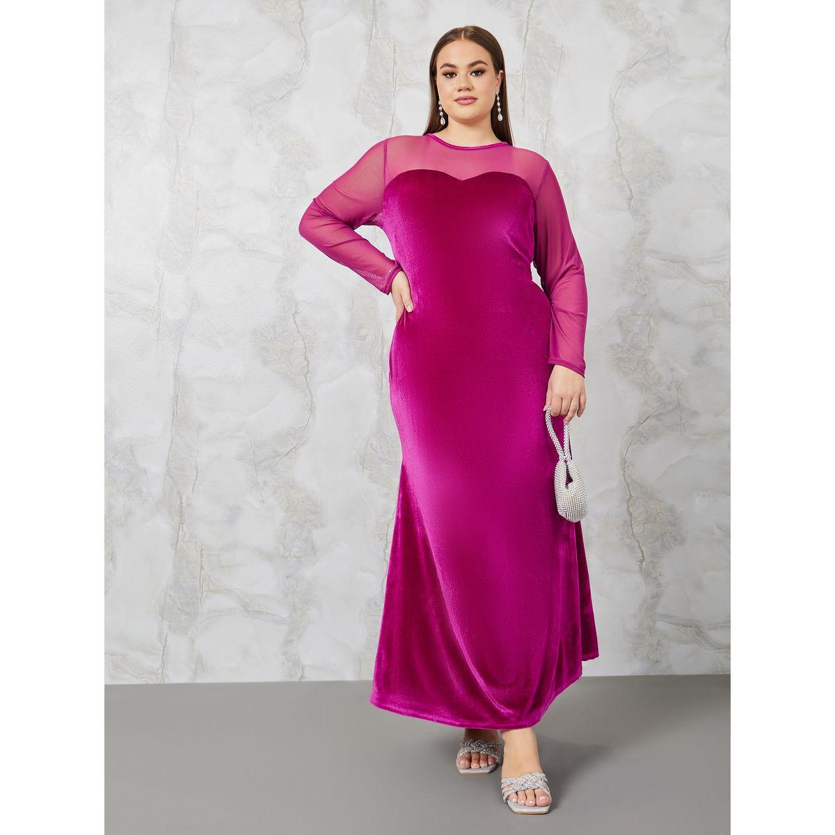 Styli Plus Mesh Insert Velvet A-Line Maxi Dress-women-clothing-dresses-image-1