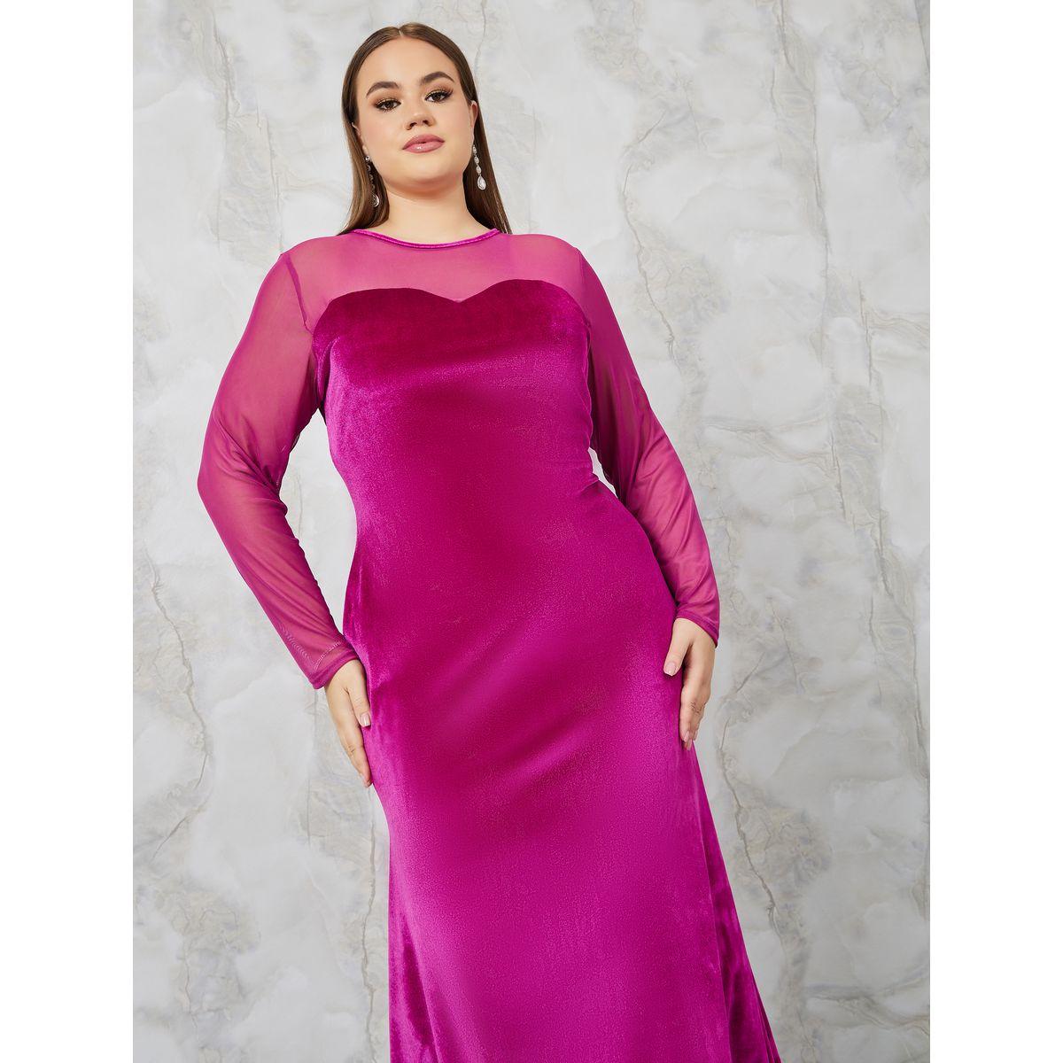 Styli Plus Mesh Insert Velvet A-Line Maxi Dress-women-clothing-dresses-image-2