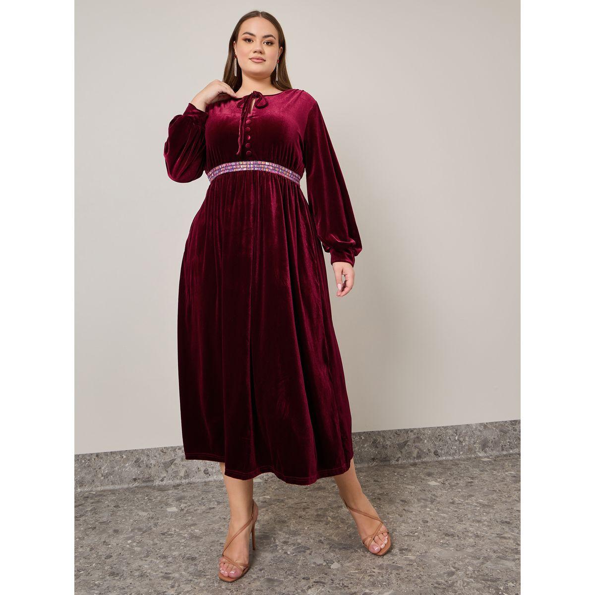 Styli Plus Embellished Waist Detail Velvet Maxi Dress-women-clothing-dresses-image-1