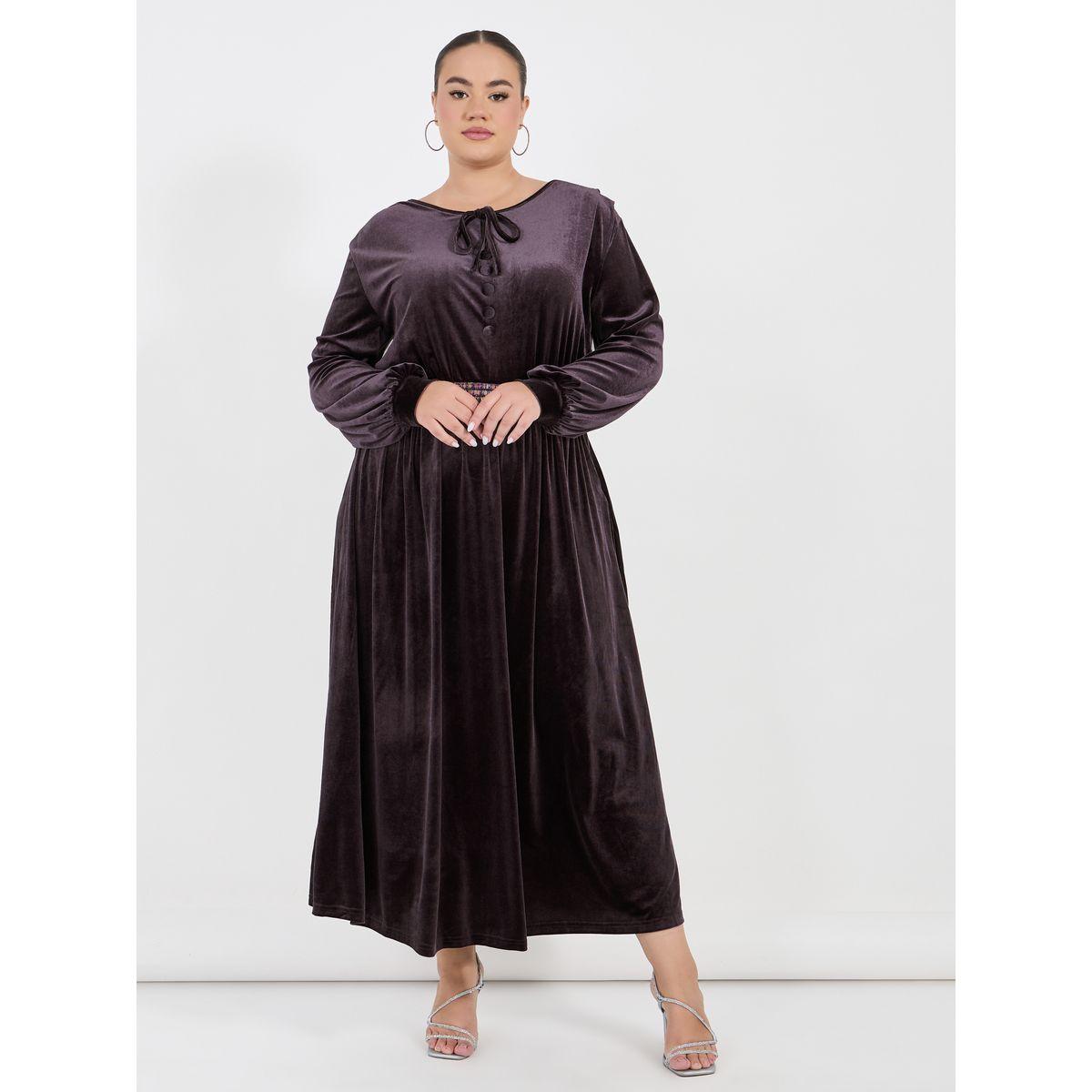 Styli Plus Size Embroidered Waistband Velvet Look Maxi Dress-women-clothing-dresses-image-1