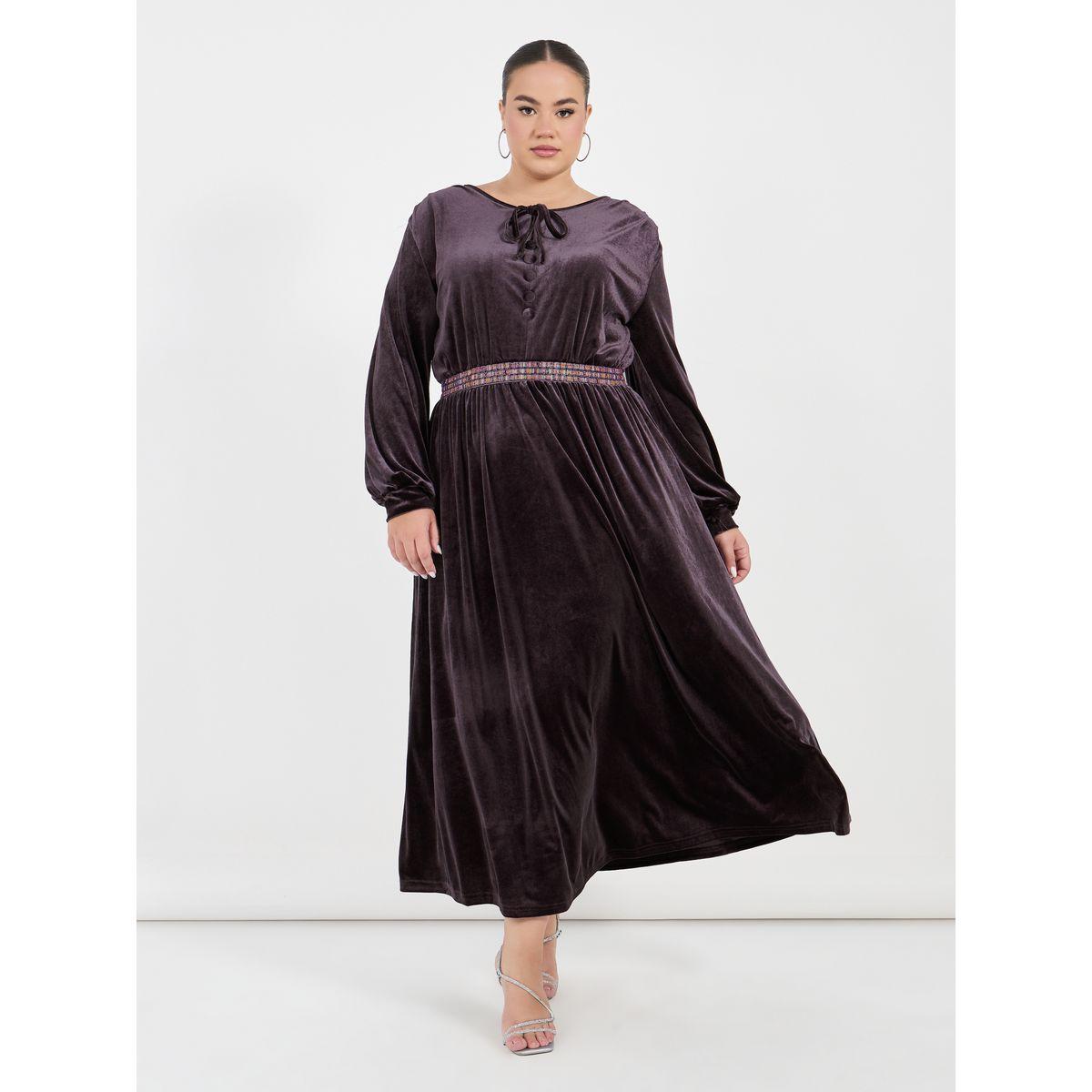 Styli Plus Size Embroidered Waistband Velvet Look Maxi Dress-women-clothing-dresses-image-4