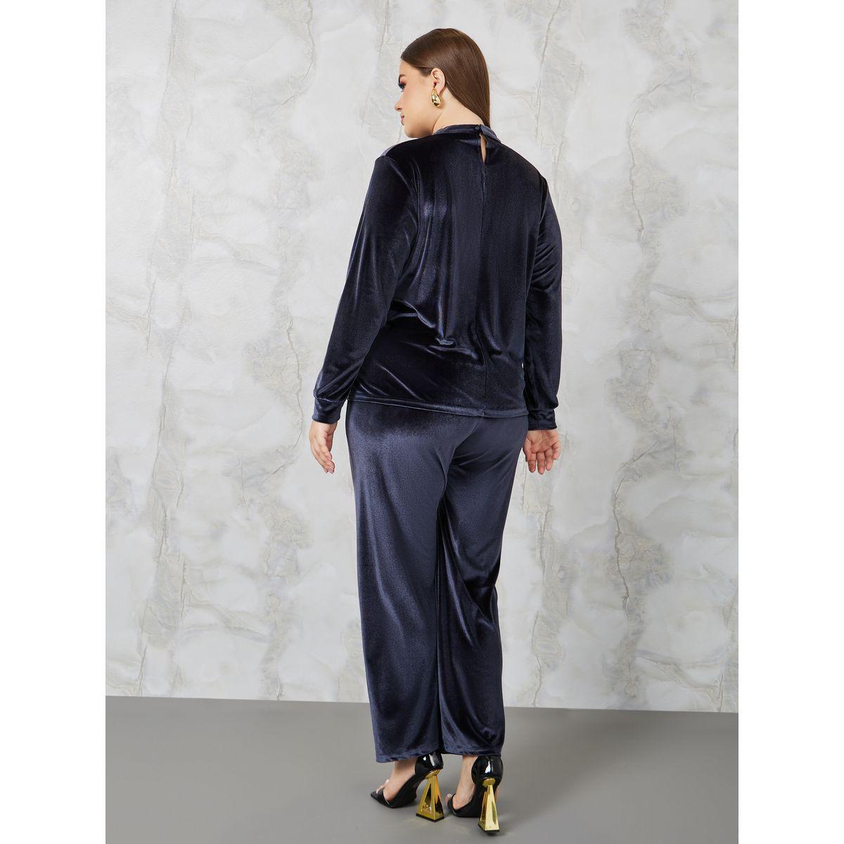 Styli Plus Velour Keyhole Neck Top & Pants Co-Ords-women-clothing-dresses-image-4