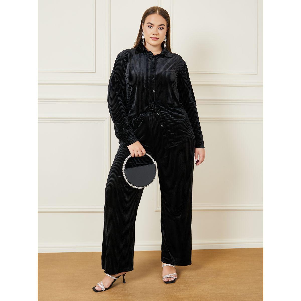 Styli Plus Velour Textured Shirt & Wide Leg Pants Co-Ords-women-clothing-dresses-image-1