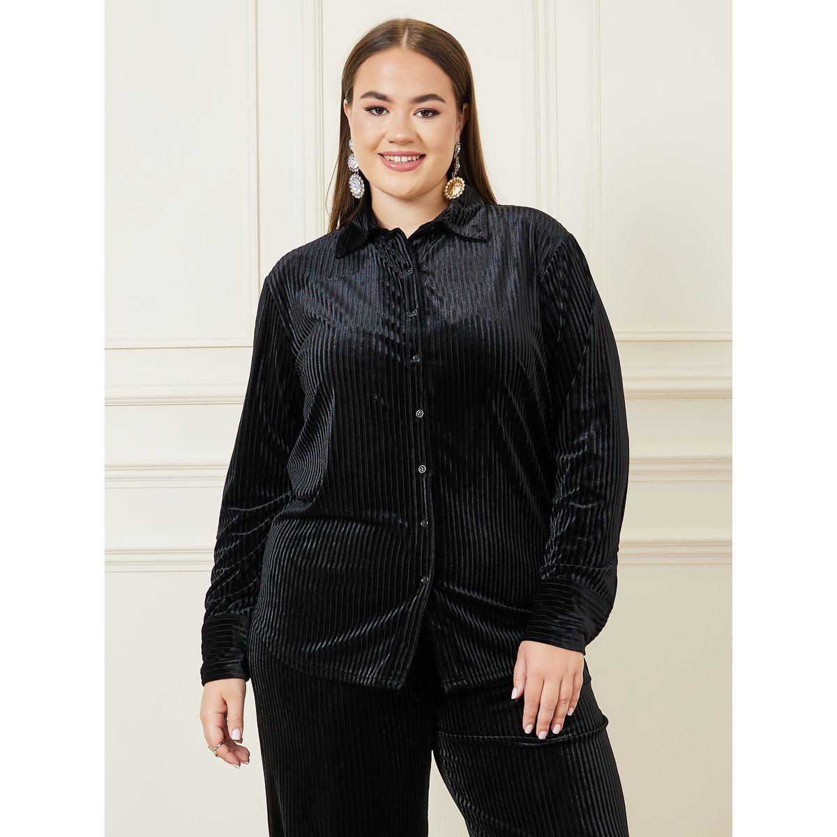 Styli Plus Velour Textured Shirt & Wide Leg Pants Co-Ords-women-clothing-dresses-image-3