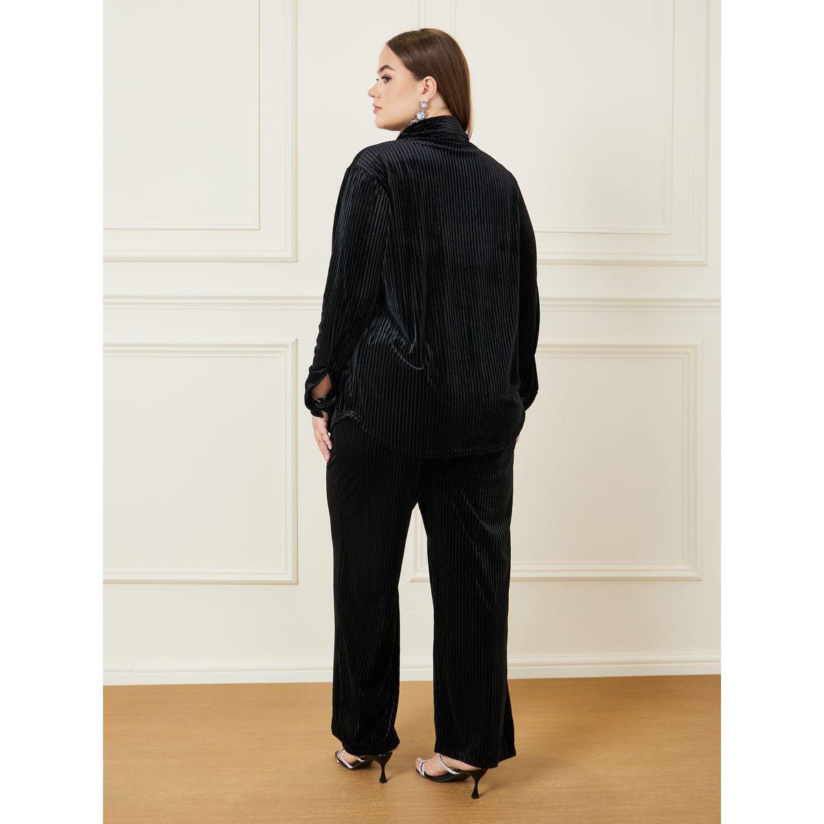 Styli Plus Velour Textured Shirt & Wide Leg Pants Co-Ords-women-clothing-dresses-image-6
