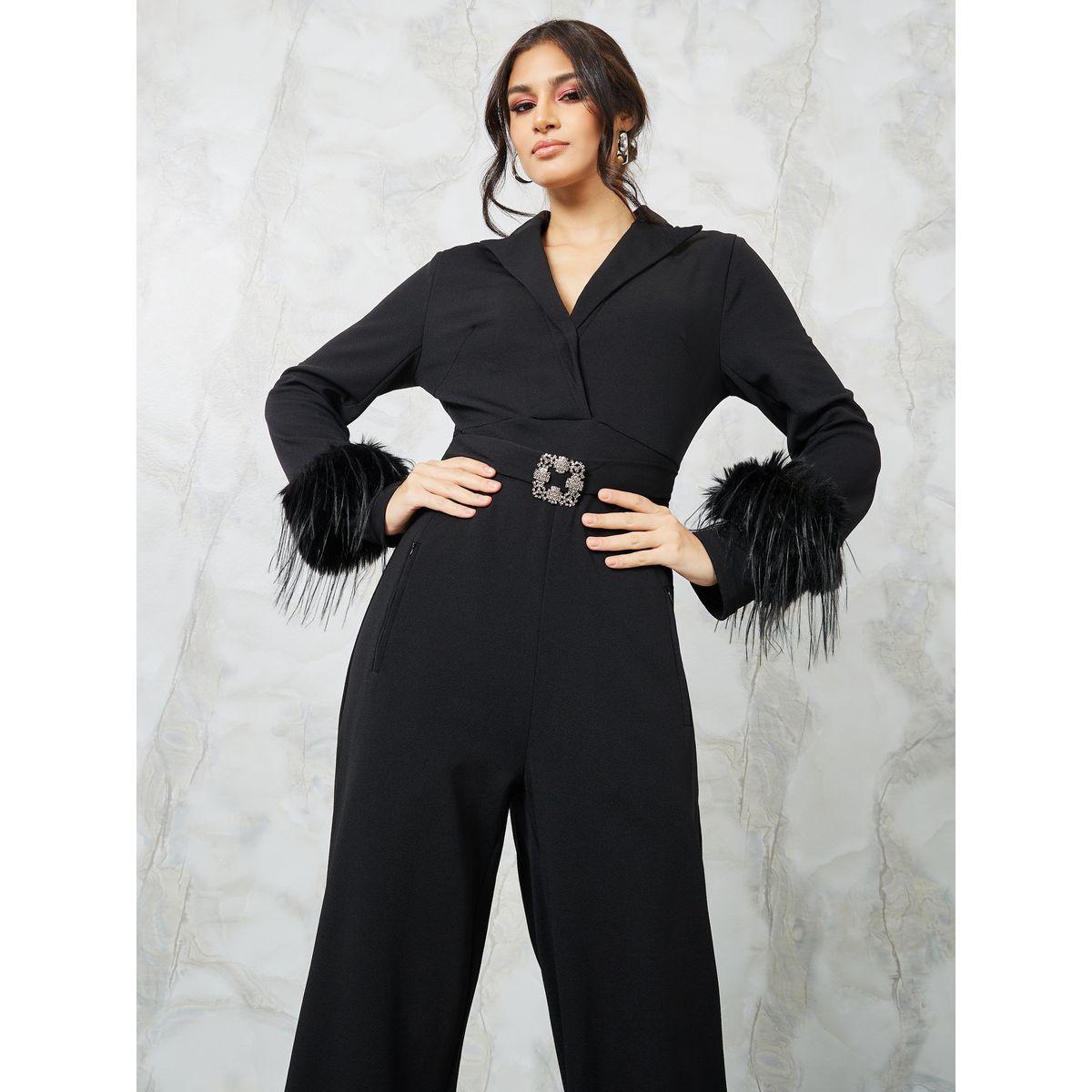 Styli Faux Feather Textured Knit Jumpsuit with Embellished Buckle-women-clothing-jumpsuits-image-2