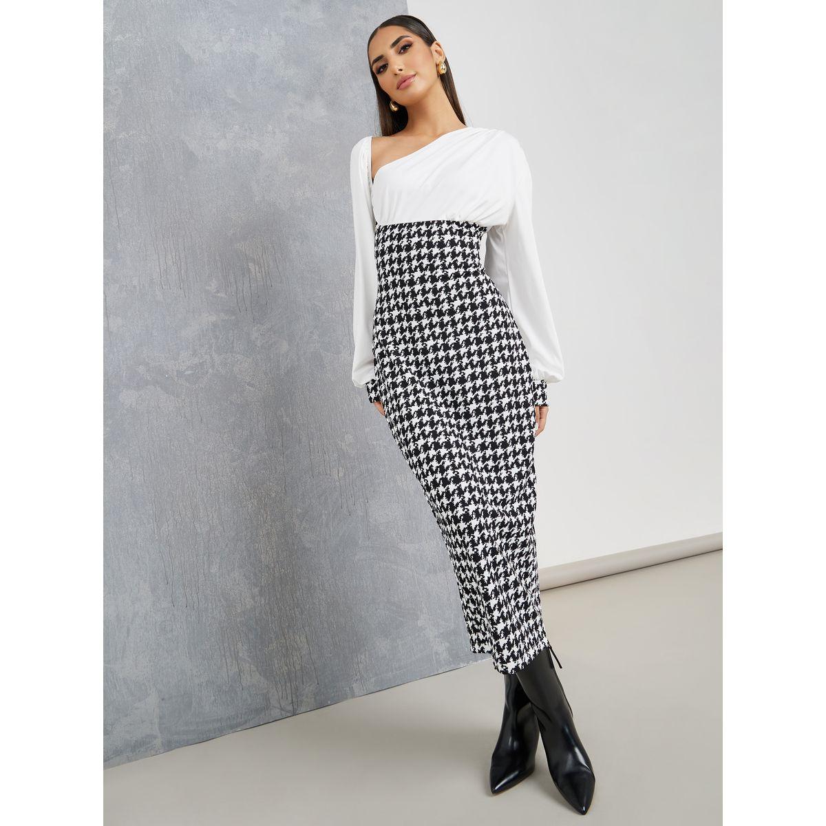 Styli Houndstooth Contrast Neck Midi Dress-women-clothing-dresses-image-1