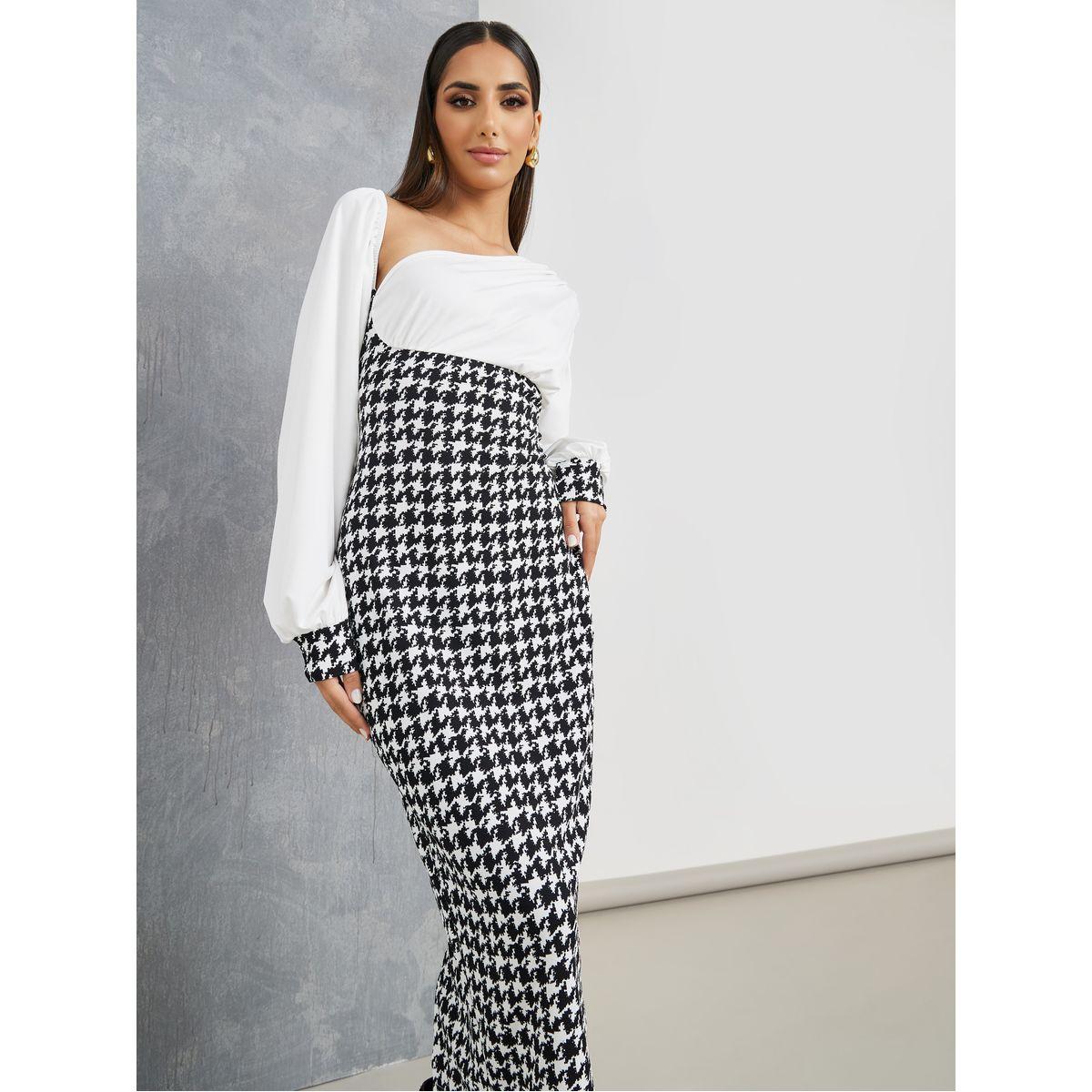 Styli Houndstooth Contrast Neck Midi Dress-women-clothing-dresses-image-2