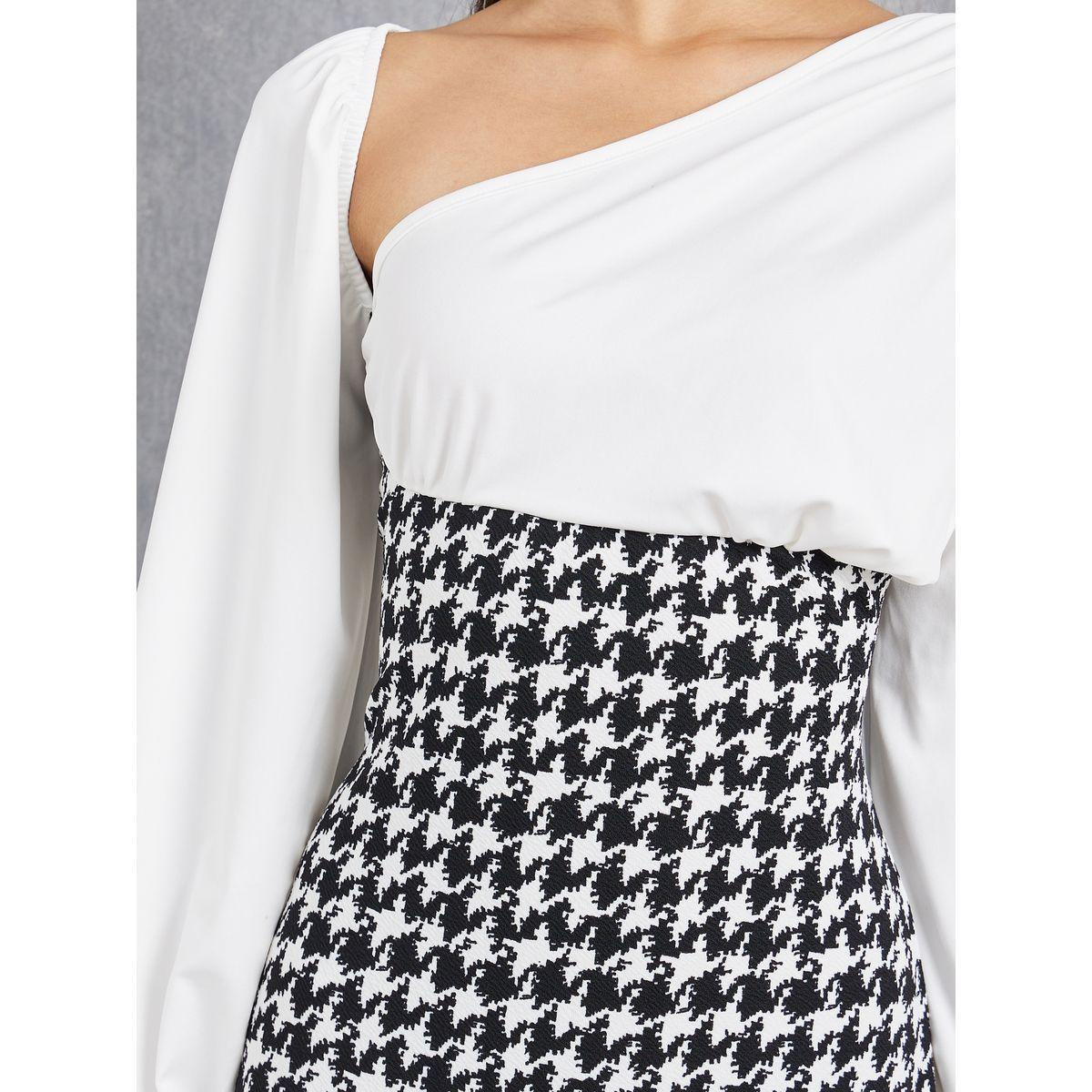 Styli Houndstooth Contrast Neck Midi Dress-women-clothing-dresses-image-3