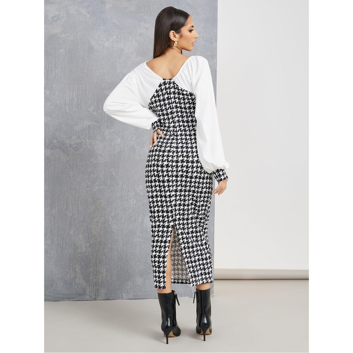 Styli Houndstooth Contrast Neck Midi Dress-women-clothing-dresses-image-4