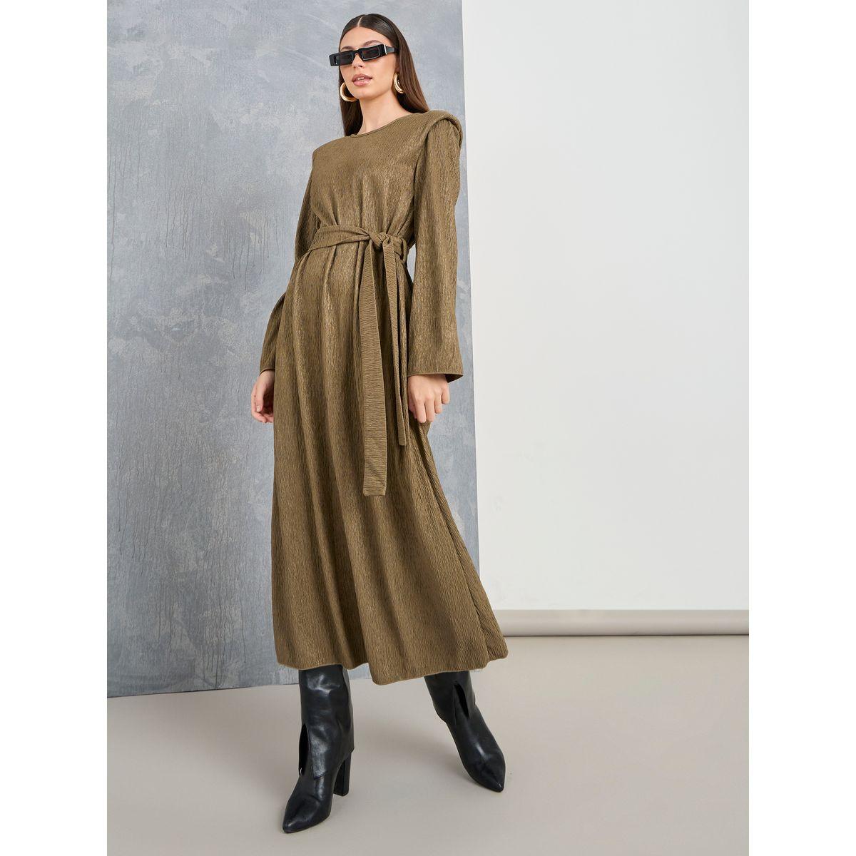 Styli Textured A-Line Midi Dress with Tie Belt-women-clothing-dresses-image-1