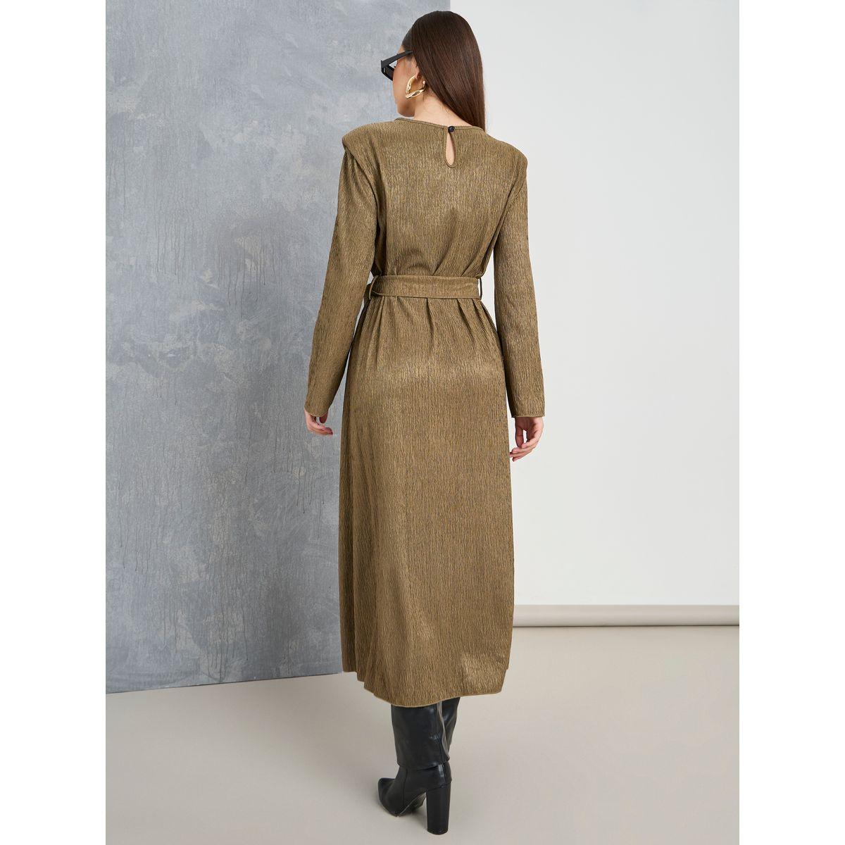 Styli Textured A-Line Midi Dress with Tie Belt-women-clothing-dresses-image-4