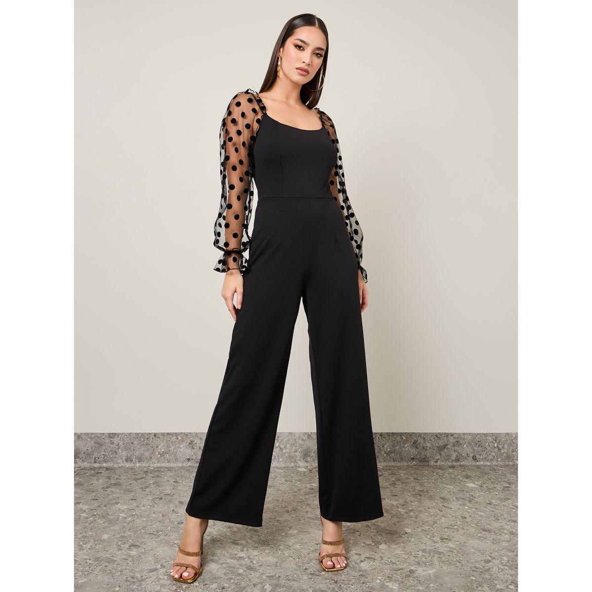 Styli Mesh Insert Flocked Sleeve Wide Leg Ponte Jumpsuit-women-clothing-jumpsuits-image-1