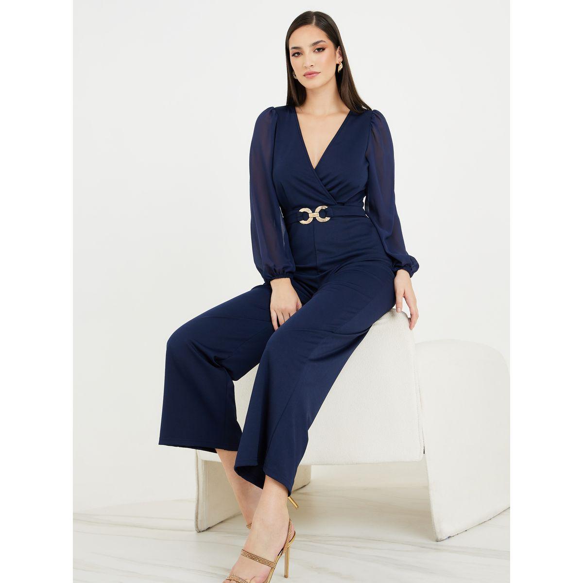 Styli Straight Leg Ponte Jumpsuit with Buckle Accent-women-clothing-jumpsuits-image-1