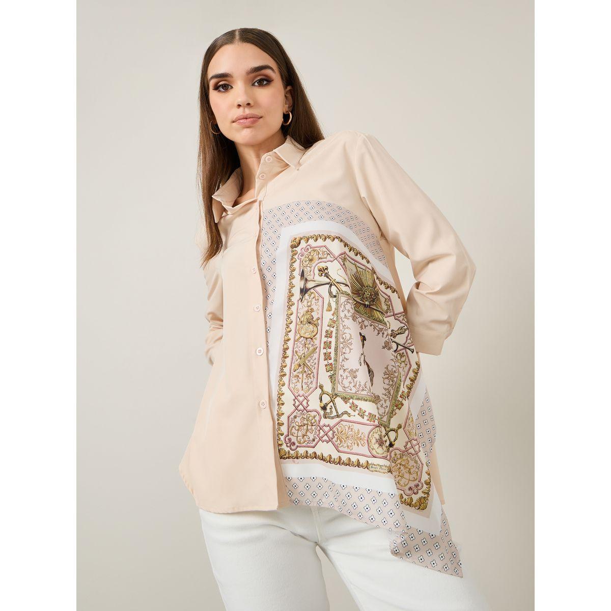 Styli Scarf Print Asymmetric Hem Longline Shirt-women-clothing-shirtsandblouses-shirts-image-1