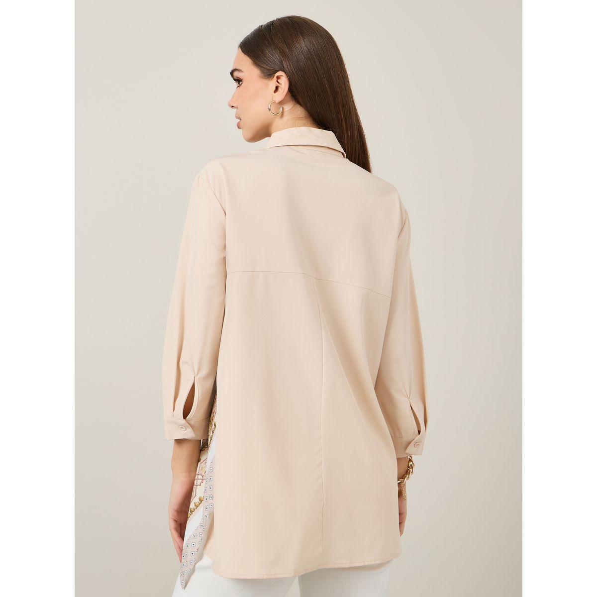 Styli Scarf Print Asymmetric Hem Longline Shirt-women-clothing-shirtsandblouses-shirts-image-4