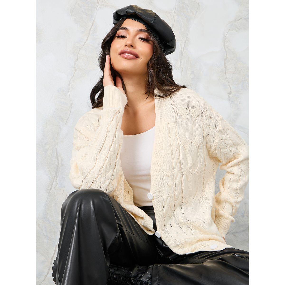 Styli Regular Fit Cable Knit Button Down Cardigan-women-winterwear-cardigansandjumpers-cardigans-image-1