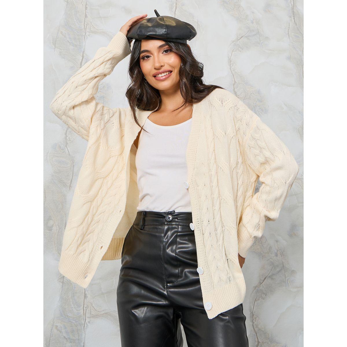 Styli Regular Fit Cable Knit Button Down Cardigan-women-winterwear-cardigansandjumpers-cardigans-image-3