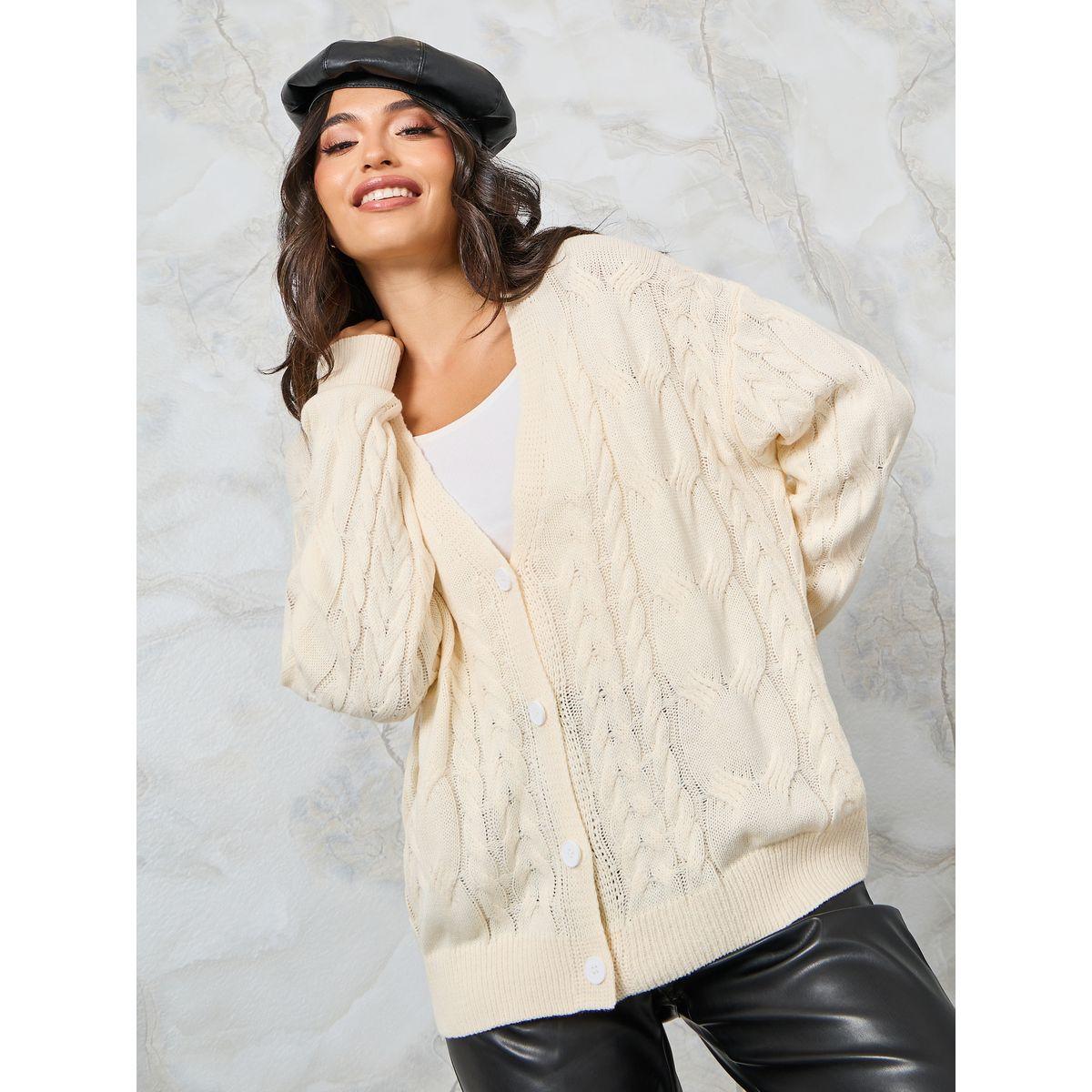 Styli Regular Fit Cable Knit Button Down Cardigan-women-winterwear-cardigansandjumpers-cardigans-image-4