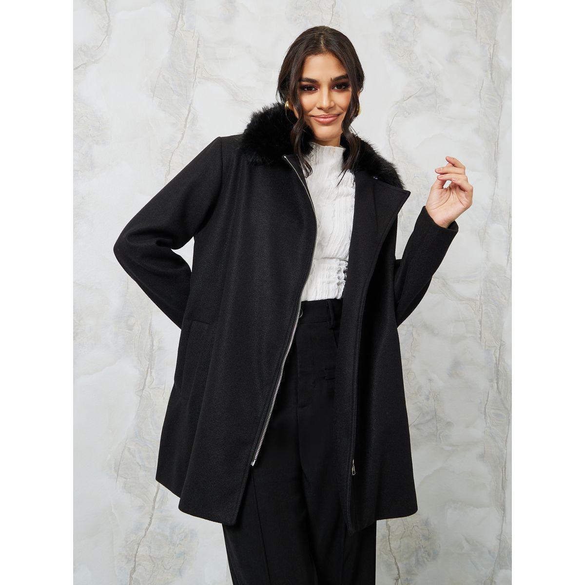 Styli Longline Zip Through Wool Like Coat With Faux Fur Detail-women-winterwear-coatsandjackets-coats-image-1