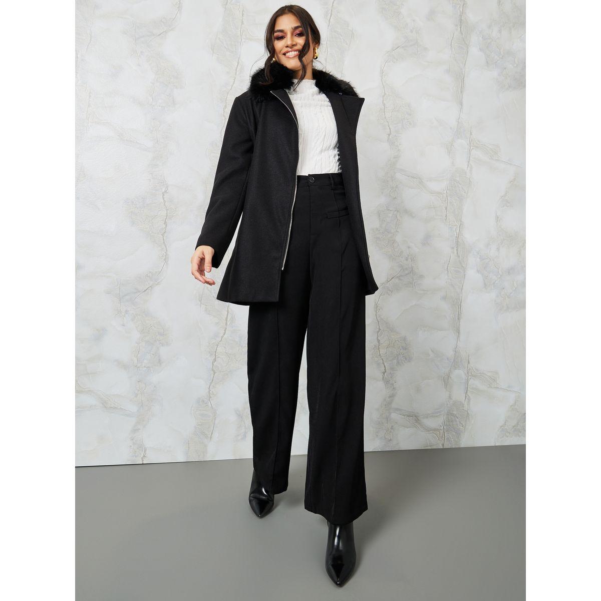 Styli Longline Zip Through Wool Like Coat With Faux Fur Detail-women-winterwear-coatsandjackets-coats-image-2