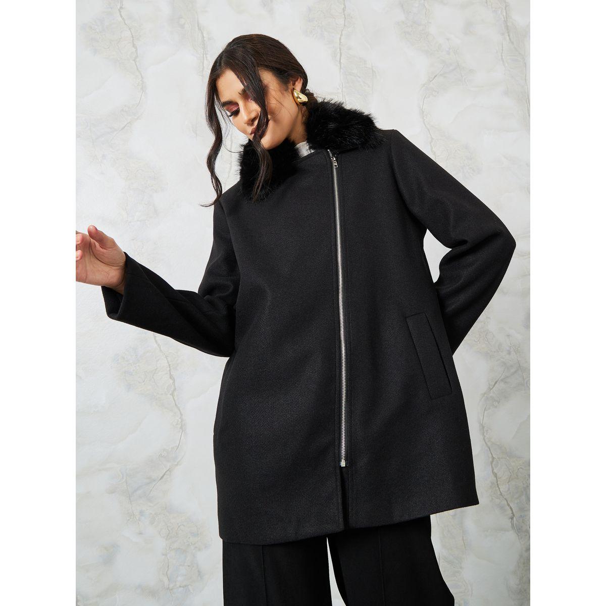 Styli Longline Zip Through Wool Like Coat With Faux Fur Detail-women-winterwear-coatsandjackets-coats-image-3