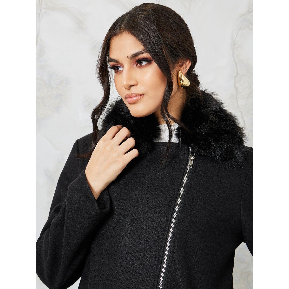 Styli Longline Zip Through Wool Like Coat With Faux Fur Detail-women-winterwear-coatsandjackets-coats-image-4