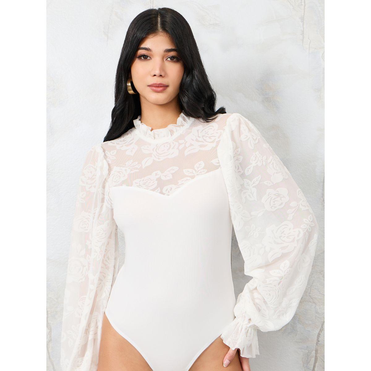 Styli High Neck Floral Mesh Insert Fitted Bodysuit-women-clothing-tshirts-image-1