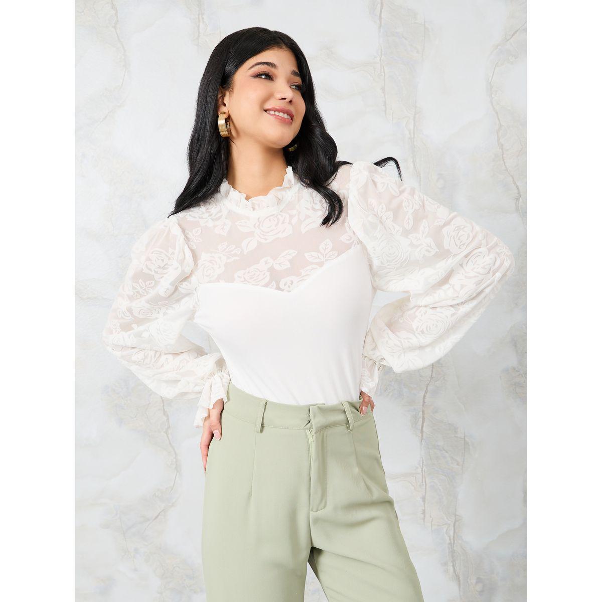 Styli High Neck Floral Mesh Insert Fitted Bodysuit-women-clothing-tshirts-image-2