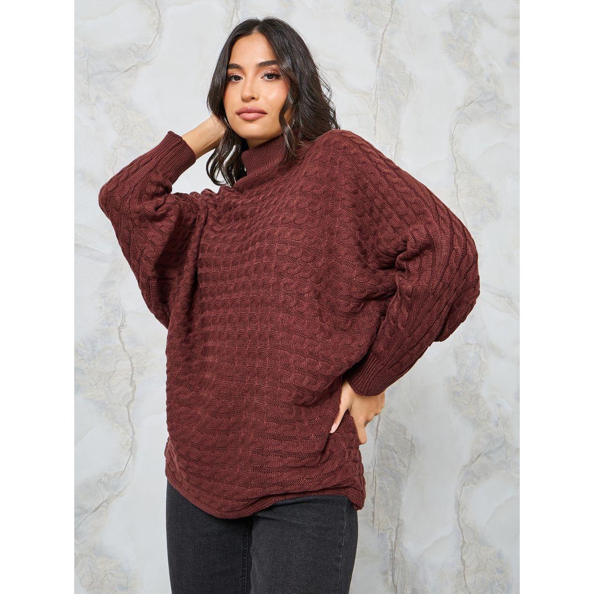 Styli Oversized Textured High Neck Batwing Sleeve Sweater-women-clothing-cardigansandjumpers-jumpers-image-2