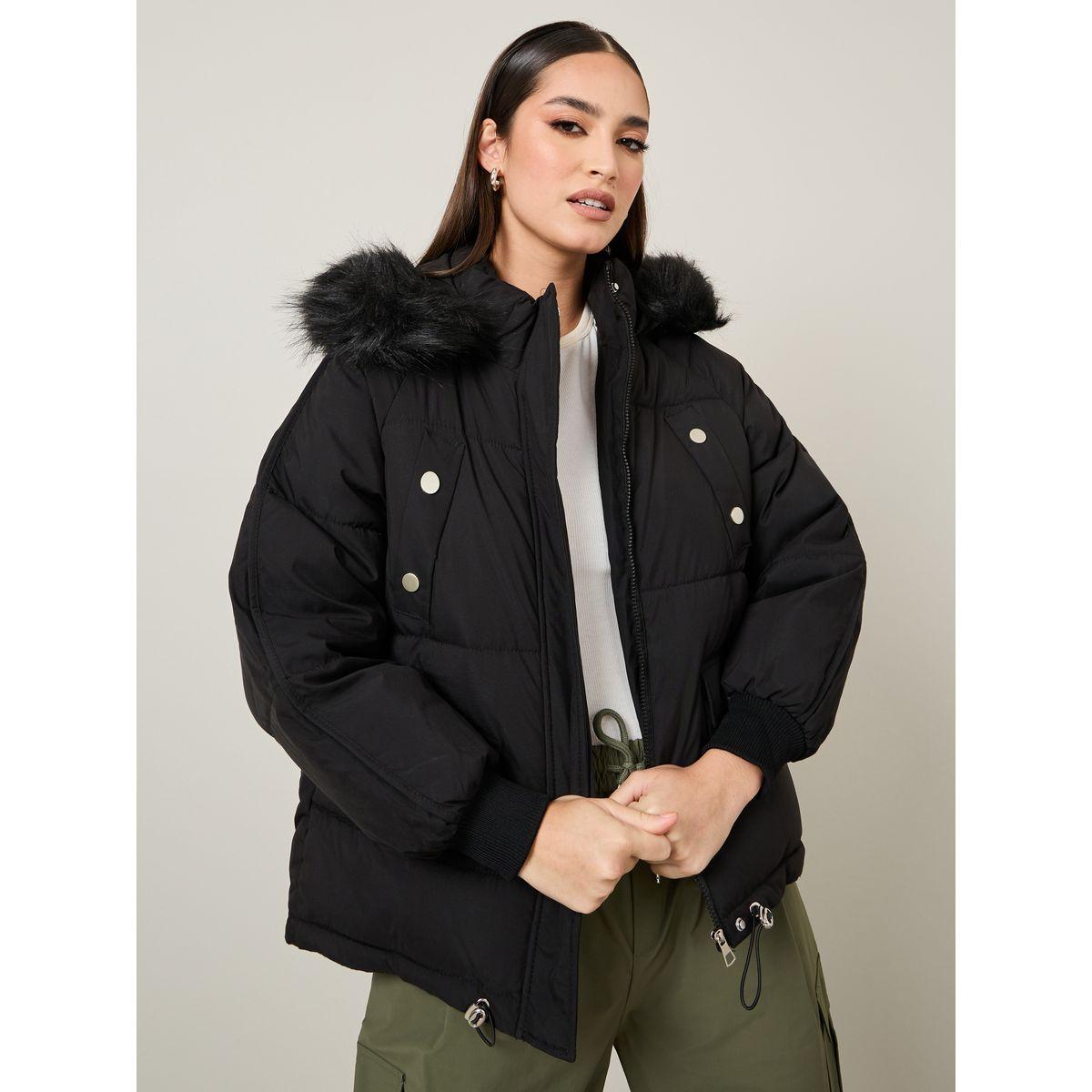 Styli Oversized Hooded Padded Jacket With Faux Fur Detail-women-winterwear-coatsandjackets-jackets-image-1