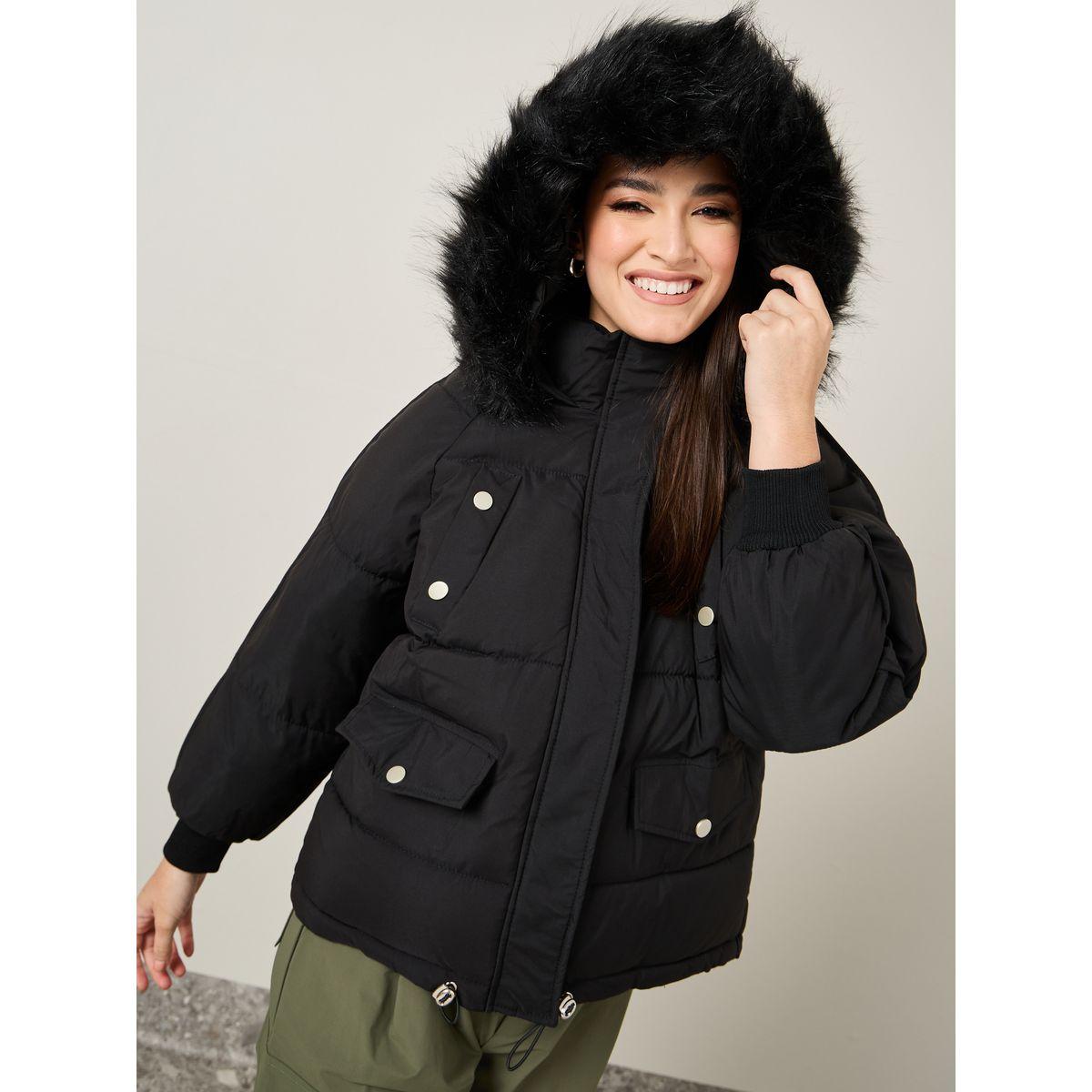 Styli Oversized Hooded Padded Jacket With Faux Fur Detail-women-winterwear-coatsandjackets-jackets-image-3