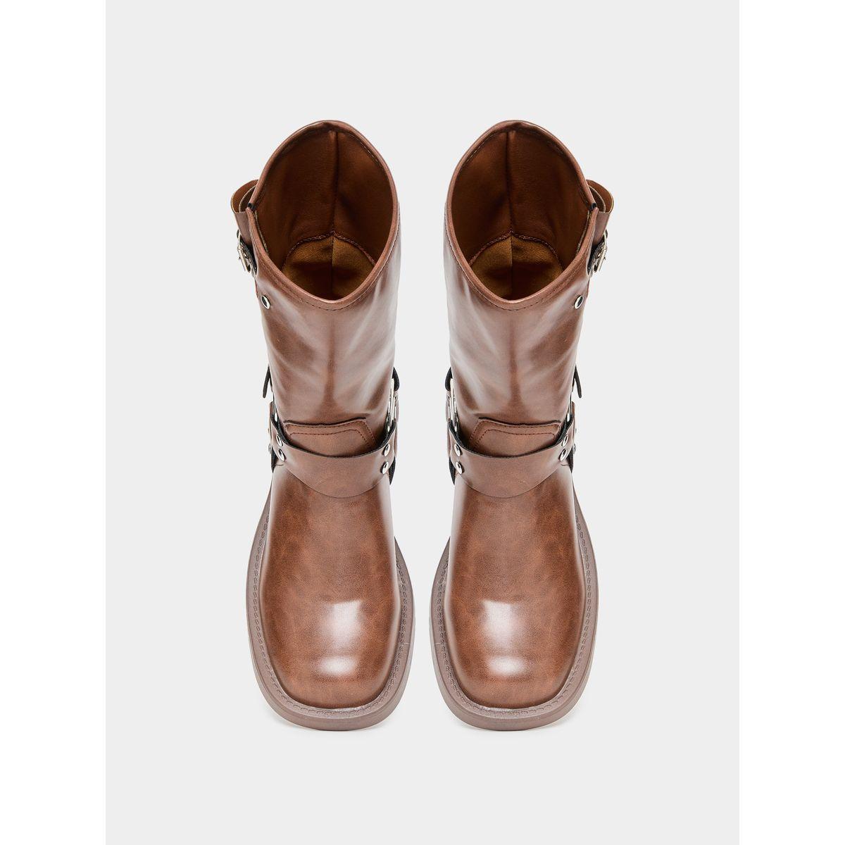 Styli Leather Look Buckle Detail Boots-women-shoes-boots-image-5